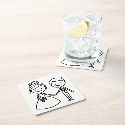 漫画の新郎新婦と新郎白黒結婚の スクエアペーパーコースター (インサイチュ)