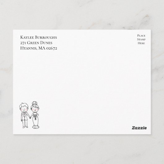 漫画の新郎新婦の結婚式の日付を保存結婚する ポストカード (裏面)