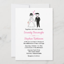 漫画の新郎新婦ピンクブラックヴィンテージウェディング 招待状