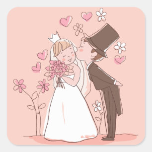 漫画の新郎新婦ピンク結婚のステッカー スクエアシール