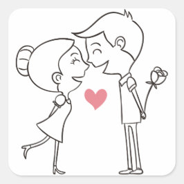 漫画の新郎新婦ブラック&ホワイトピンク結婚ズ スクエアシール