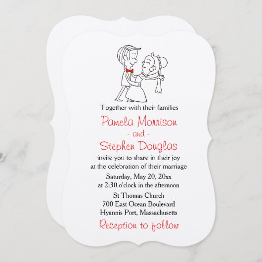 漫画の新郎新婦ブラック、ホワイト&レッド結婚ズ 招待状 (正面/裏面)