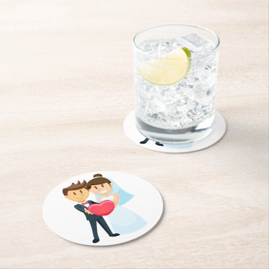 漫画の新郎新婦赤いハート結婚ズ ラウンドペーパーコースター (インサイチュ)