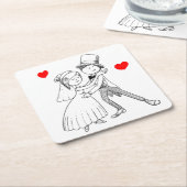 漫画の新郎新婦踊り結婚のたった今結婚しました スクエアペーパーコースター (アングル)