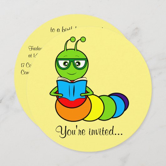漫画の本の虫で誕生日パーティーの招待 招待状 (正面/裏面)