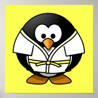 漫画の柔道ペンギン黄色の背景 ポスター