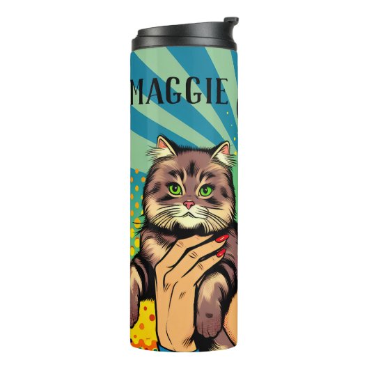 漫画の漫画ポップ・アートのアート女性と猫パーソナライズされた タンブラー (回転左)