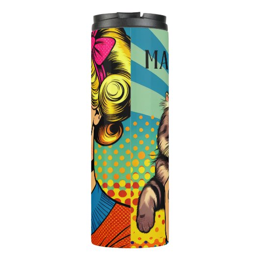 漫画の漫画ポップ・アートのアート女性と猫パーソナライズされた タンブラー (裏面)