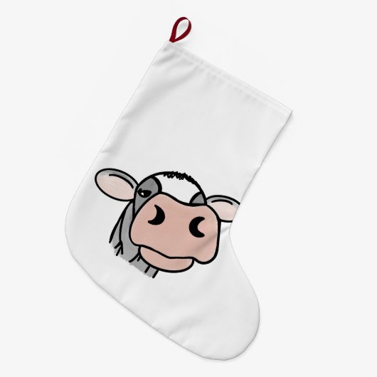 漫画の牛の白黒ピンクのキス灰色の農業動物 ラージクリスマスストッキング (正面 (吊り時))