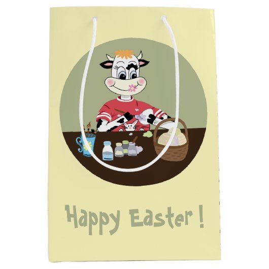 漫画の牛の絵を描卵の黄色のイースター抱き枕 ミディアムペーパーバッグ (正面)