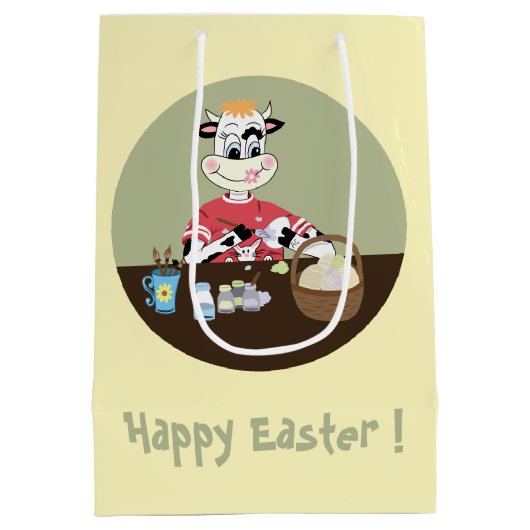 漫画の牛の絵を描卵の黄色のイースター抱き枕 ミディアムペーパーバッグ (裏面)