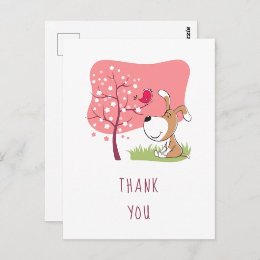 漫画の犬の子犬の鳥の花ピンクガール誕生日 ポストカード (正面/裏面)