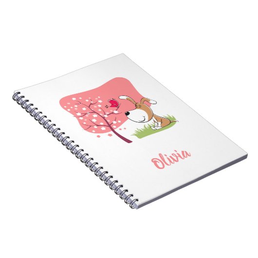 漫画の犬の子犬の鳥の花咲くピンクの春 ノートブック (右側)