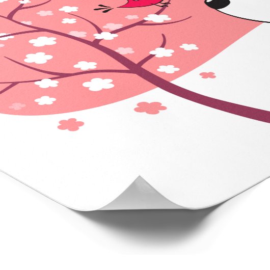 漫画の犬の子犬の鳥の花咲くピンクの春 ポスター (角)