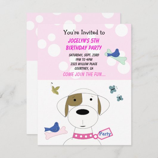 漫画の犬の誕生日パーティーへの招待 招待状 (正面/裏面)