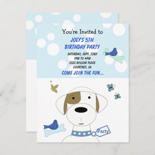 漫画の犬の誕生日パーティーへの招待 招待状 (正面/裏面)
