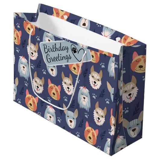漫画の犬の顔と足のシームレスなパターン ラージペーパーバッグ (正面アングル)