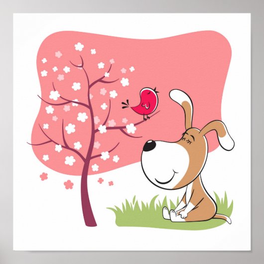 漫画の犬 子犬 鳥 花が咲く 花 ピンク 春 ポスター (正面)