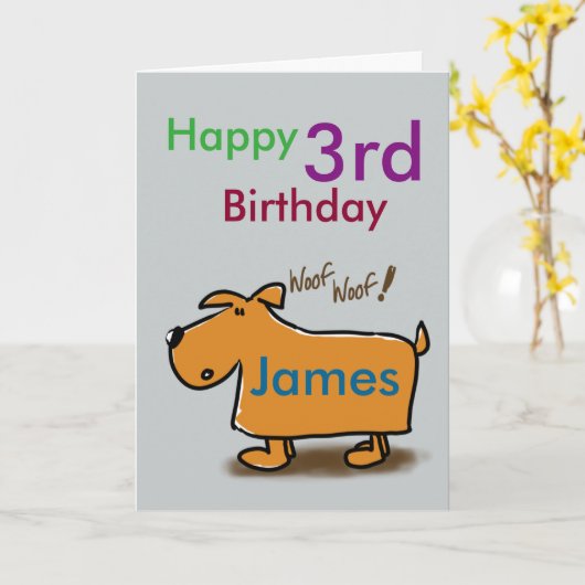 漫画の犬happy 3rd誕生日の名前 カード (黄色い花)