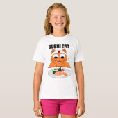 漫画の猫が寿司を食べる おもしろ 寿司猫 Tシャツ (正面フル)
