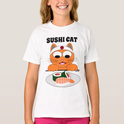 漫画の猫が寿司を食べる おもしろ 寿司猫 Tシャツ (正面)