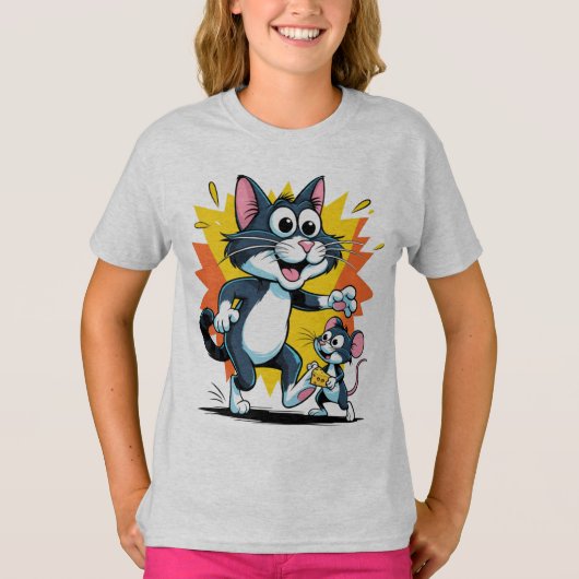 漫画の猫とネズミの追いかけっこ Tシャツ (正面)
