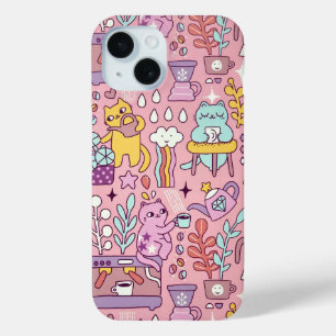 漫画の猫のおもしろいオンピンク iPhone 15ケース