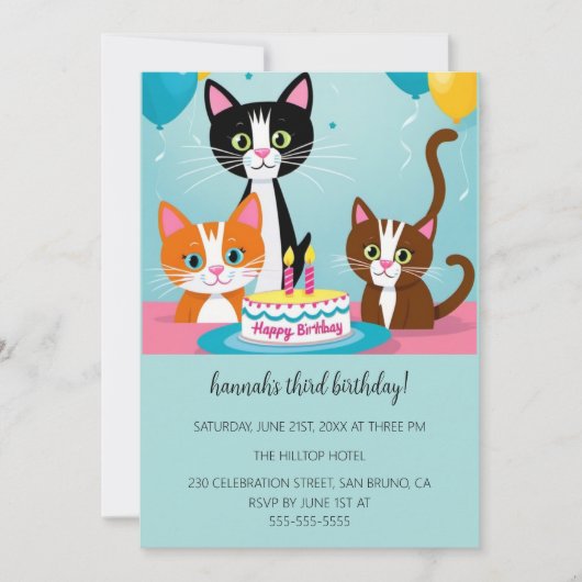 漫画の猫キッズパーフェクト誕生日パーティー 招待状 (正面)