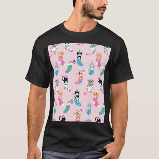 漫画の猫クリスマスシームレスなパターン Tシャツ (正面)