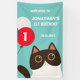 漫画の猫 虹色 風船 こどものお誕生日おめでとう 横断幕