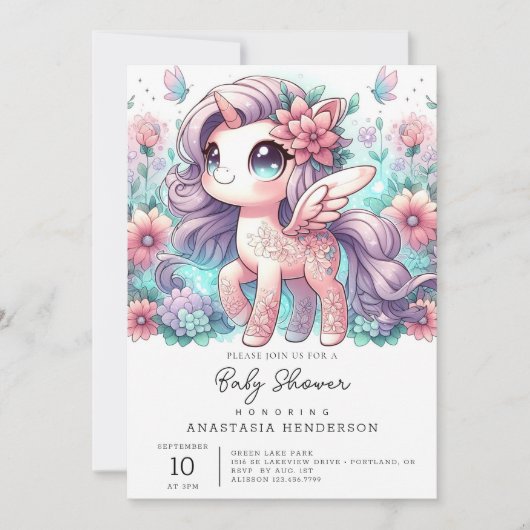 漫画の甘いユニコーン赤ちゃんシャワー 招待状 (正面)