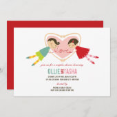 漫画の男の子の女の子愛ハートのカップルのウェディングシャワー 招待状 (正面/裏面)