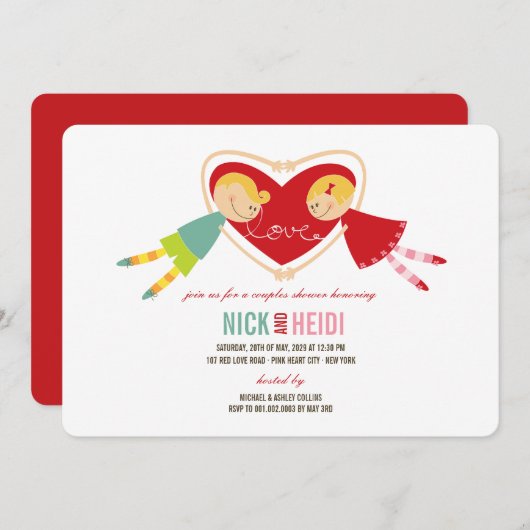 漫画の男の子の女の子愛ハートのカップルのウェディングシャワー 招待状 (正面/裏面)
