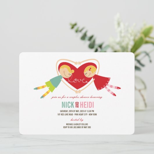 漫画の男の子の女の子愛ハートのカップルのウェディングシャワー 招待状 (スタンド正面)
