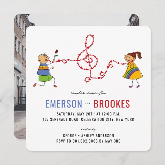 漫画の男の子セレナーズガールフォトカップルのシャワー 招待状 (正面/裏面)