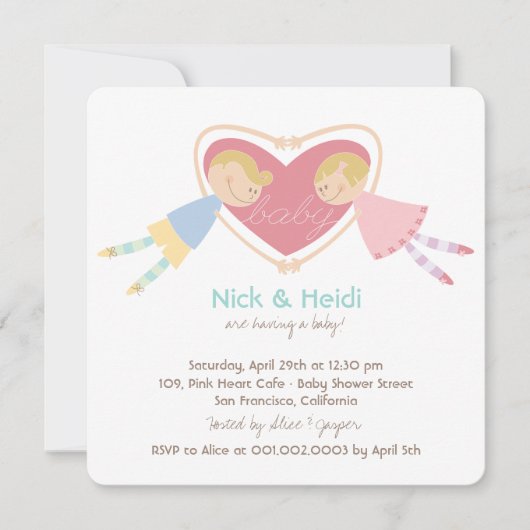 漫画の男の子ハート女の子ラブカップル赤ちゃんシャワー 招待状 (正面)