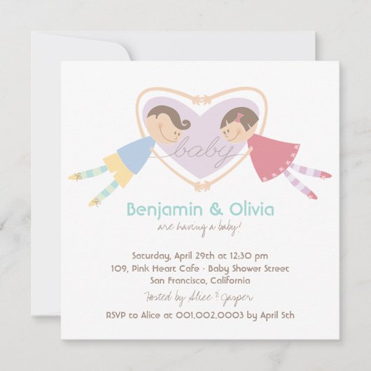 漫画の男の子ハート女の子ラブカップル赤ちゃんシャワー 招待状 (正面)