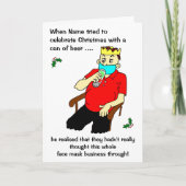 漫画の男性顔マスクビール缶クリスマス シーズンカード (正面)