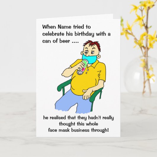 漫画の男性顔マスクビール缶誕生日 カード (黄色い花)