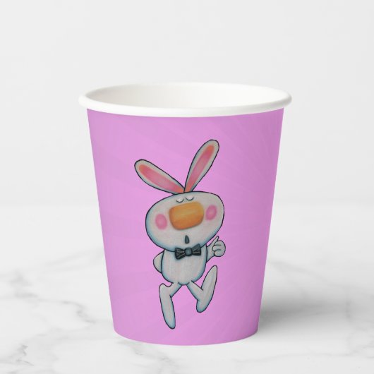 漫画の白うさぎがオレンジ色の鼻をピンクに突き出す 紙コップ (正面)