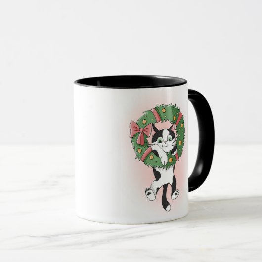 漫画の白黒クリスマスリース猫 マグカップ (正面右)