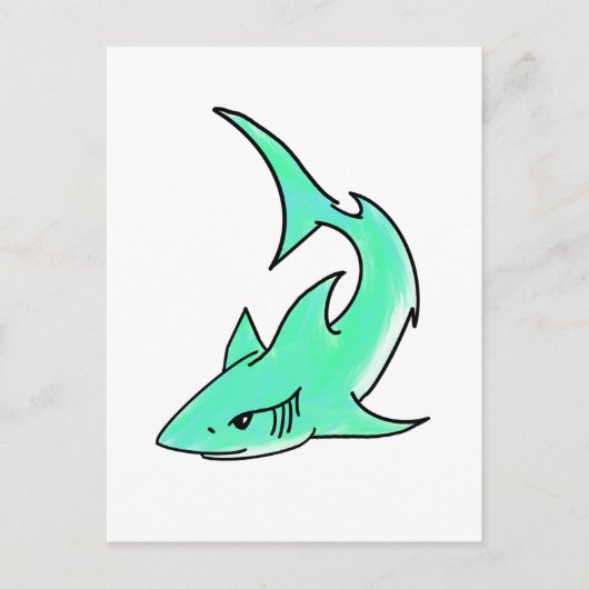 漫画の笑顔のサメ ミント ブルー グリーン 海の生き物 ポストカード (正面)