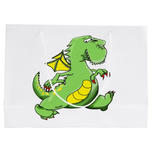 漫画の緑のドラゴン歩くの彼の背中の足 ラージペーパーバッグ (裏面)