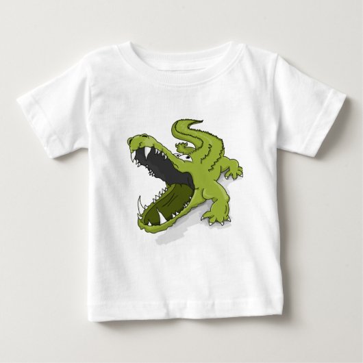 漫画の緑のワニのワニの口を開く ベビーTシャツ (正面)