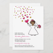 漫画の花嫁明るい赤紫色ハートフラワーズブライダルシャワー 招待状 (正面/裏面)