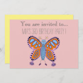 漫画の蝶の乳児または幼児の誕生日パーティー 招待状 (正面/裏面)