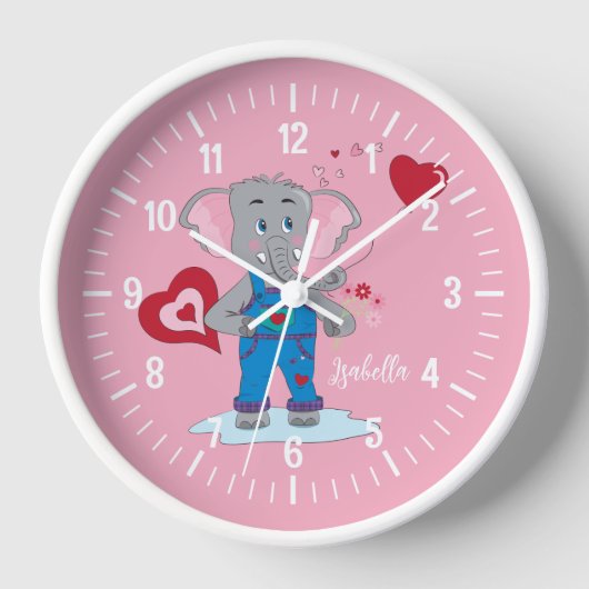 漫画の象とハート女の子ピンクの壁時計 壁時計 (正面)