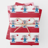 漫画の象 |ピンク赤いハートバレンタインデー ラッピングペーパーシート (インサイチュ)