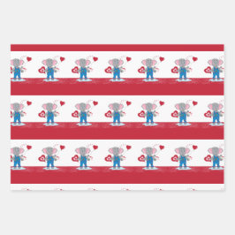 漫画の象 |ピンク赤いハートバレンタインデー ラッピングペーパーシート