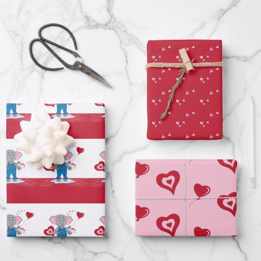 漫画の象 |ピンク赤いハートバレンタインデー ラッピングペーパーシート (正面)